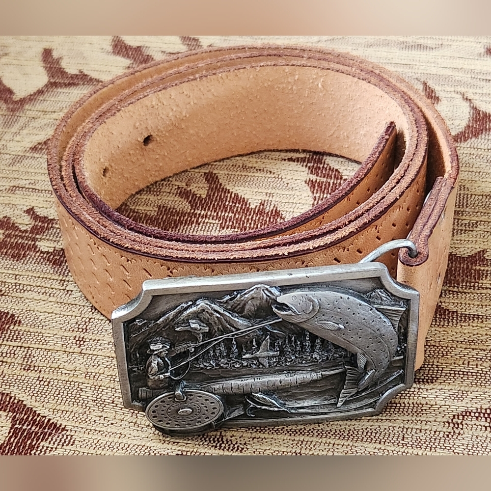 Tan Leather Belt with Pewter Fly Fishing Buckle